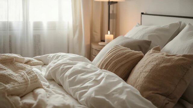Cozy neutral bedroom with rumpled white duvet, knitted pillows, knit throw, pillow comforter