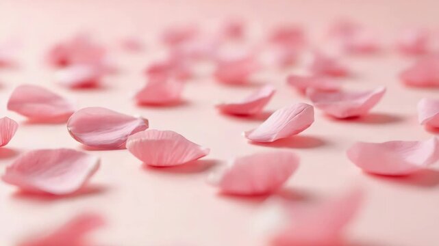 Pink rose petal scattered on pastel surface evoking gentle romantic floral mood