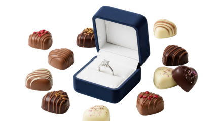 Luxury Diamond Engagement Ring in Blue Velvet Box Surrounded by Heart-Shaped Gourmet Chocolates isolated PNG with Transparent Background