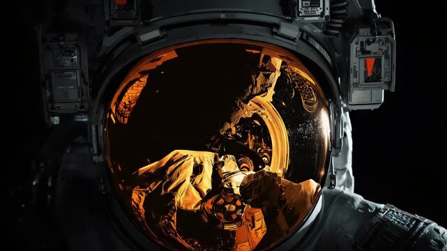 Astronaut visor reflection of spacecraft interior and gold helmet lights in dark void