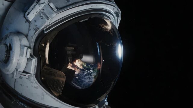 Astronaut helmet visor reflecting Earth, spacecraft interior, distant stars in dramatic space scene