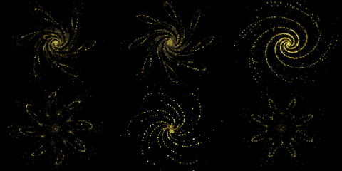 Golden spiral galaxy formations with sparkling dust against a dark background © Savankar