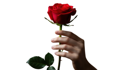 Human hand holding a single long-stemmed deep red rose flower isolated PNG with Transparent Background