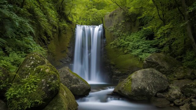 Lush green forest waterfall with smooth long exposure stream, mossy rock and boulder foreground