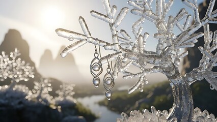 Snow covered tree branches decorated for a festive winter holiday scene