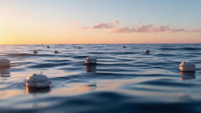 Buoy and sensor buoys on calm ocean sea at sunset horizon creating serene reflective seascape