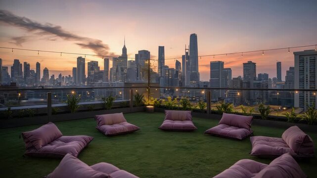 Rooftop lounge with floor cushions overlooking urban skyline at sunset cozy cityscape atmosphere