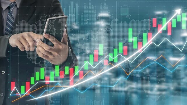 A business professional closely analyzes stock market trends using a tablet, set against a digital financial graph with vibrant candlestick patterns representing market activity. Copula