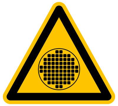 Se&ntilde;al de advertencia de oblea de silicio tecnolog&iacute;a de semiconductores fabricaci&oacute;n de microchips y componentes electr&oacute;nicos industriales icono de precauci&oacute;n dise&ntilde;o profesional vector