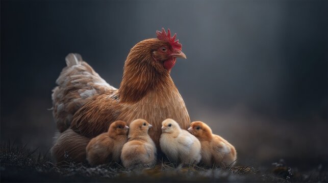 Mother hen with adorable chicks gathered close together in soft light, showcasing the warmth of family bonds and rural life on a peaceful farm setting