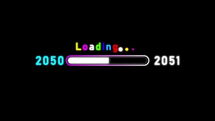 Neon loading bar from 2050 to 2051 with colorful text and dots progress bar graph - Powered by Adobe