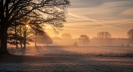 Tranquil sunrise over fields with trees and atmospheric sunlight