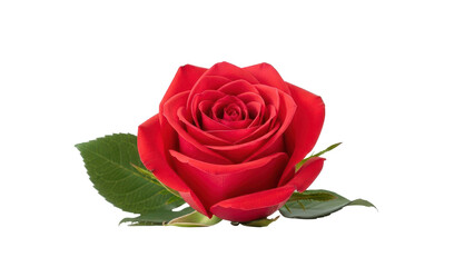 Beautiful Single Vibrant Red Rose Flower Head with Green Leaves isolated PNG with Transparent Background