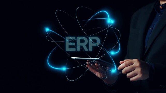 ERP platform visual showing centralized system for enterprise resource planning, improving integration, data flow, business efficiency, finance, inventory, and human resources. Elide
