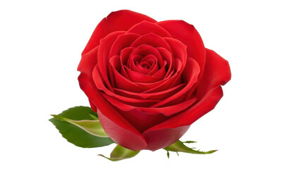 Fototapeta premium Vibrant red rose flower head with green leaves, blooming scarlet rose isolated on white background, romantic floral element for wedding and gift design