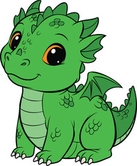 Fototapeta premium Cute baby green dragon sitting, looking friendly