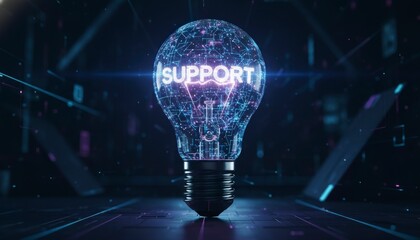 Glowing digital light bulb with "SUPPORT" text symbolizing technical assistance