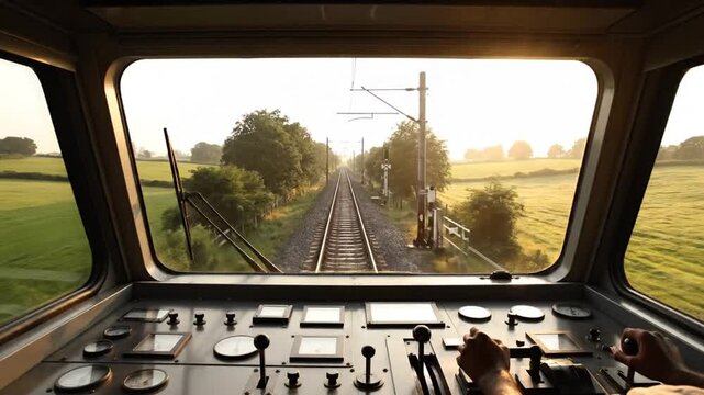 Train Driver's Perspective: Cockpit view of railway tracks through rural landscape at dawn
