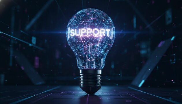 Glowing digital light bulb with "SUPPORT" text symbolizing technical assistance - Powered by Adobe