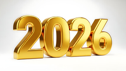 Golden 3D 2026 numbers, shiny and reflective on white background, new year concept