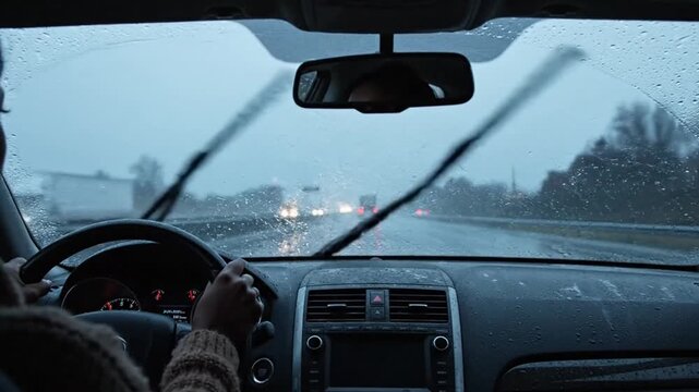 Driving in rain, view from inside car. Wet highway with active windshield wipers clearing drops, blurred traffic ahead in bad weather.