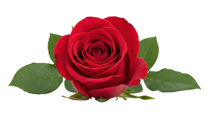 Single Red Rose with Green Leaves Isolated on White Background