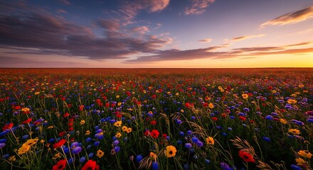 Vibrant field of wildflowers under a colorful sunset sky.