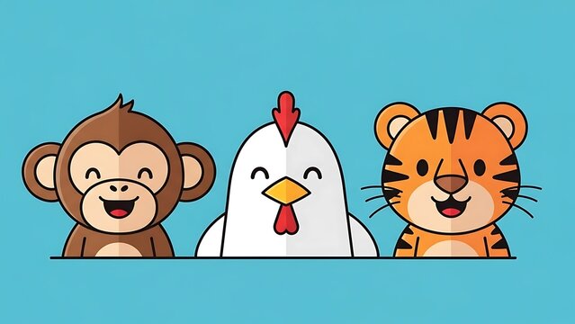 Cartoon animals smiling together happily.