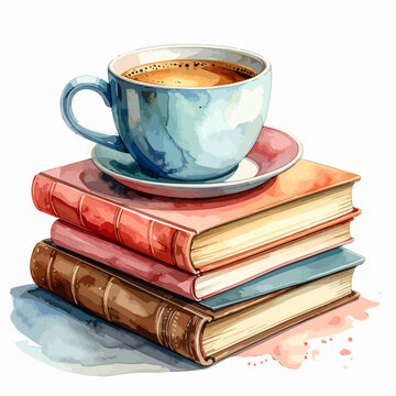 Watercolor painting of a coffee cup resting on a stack of old books.