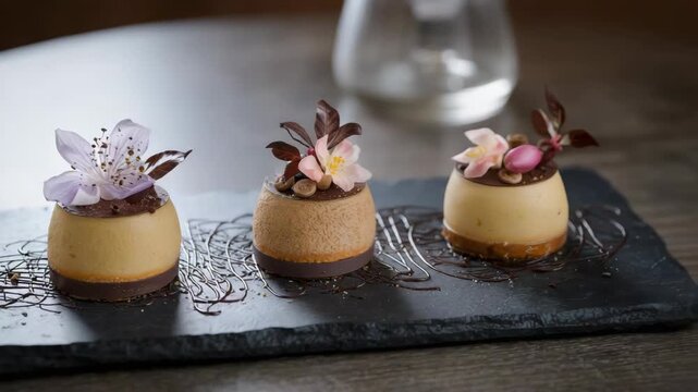 Delicate mini cake chocolate mousse with floral garnish slate board elegant dessert presentation