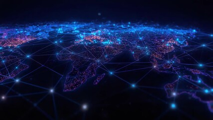 Digital world map network connection technology data map with glowing network nodes and illuminated - Powered by Adobe