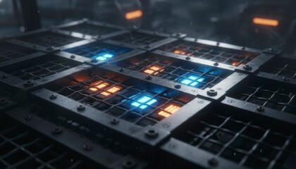 Close-up of industrial metal grid floor with glowing blue and orange lights