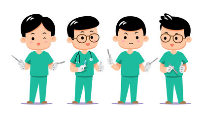 Cute cartoon set of asian male surgeons in green scrubs holding surgical tools. Friendly healthcare professionals flat vector illustration for medical design. Isolated on white background.