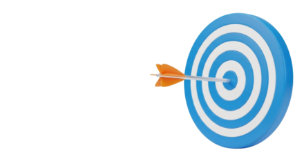 A precisely rendered 3D bullseye target in blue and white with a sleek arrow perfectly impaling its center, against a transparent background with ample copy space, soft studio lighting from an angled