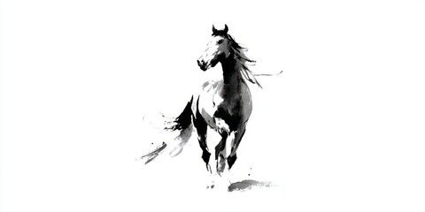 Dynamic wild horse sprinting, minimalist zen ink drawing.