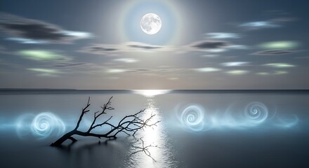 Tranquil water scene with moon halo and submerged tree branch