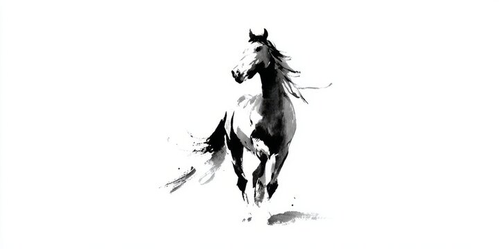 Dynamic wild horse sprinting, minimalist zen ink drawing.