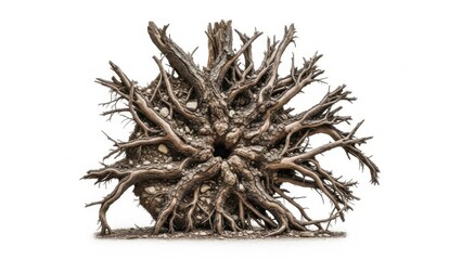Circular exposed tree root mass with radiating tangled branches and central dark hollow on white background, dramatic natural sculpture showing underground structure, erosion, resilience and wild fore