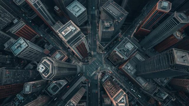 Aerial urban city skyscraper intersection at dusk with moody lighting and rooftops