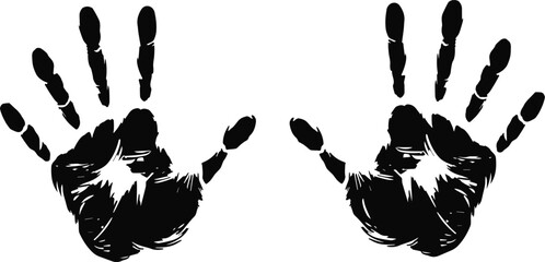 Black handprint icons a pair of open palm symbols with a grunge texture isolated on white background for design projects