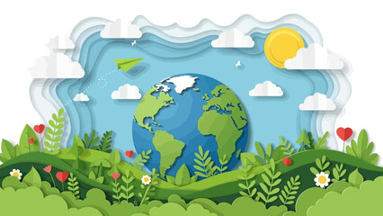 A vibrant, layered paper-cut illustration of planet Earth surrounded by lush green foliage, fluffy clouds, and a bright sun, symbolizing environmental awareness and nature's beauty. © Ahmad