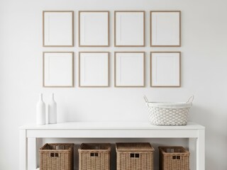 Minimalist home decor with wicker baskets and white vases