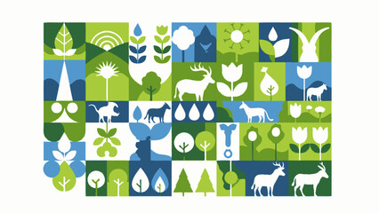 Fototapeta premium A vibrant mosaic of nature's elements, featuring stylized plants, animals, and natural phenomena in a geometric pattern.