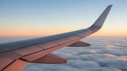 Obraz premium Airplane wing soaring above a sea of clouds during a beautiful sunrise or sunset.