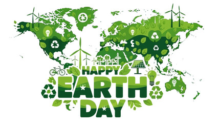 Happy Earth Day illustration with a world map covered in green foliage, wind turbines, solar panels, and recycling symbols, promoting environmental awareness.