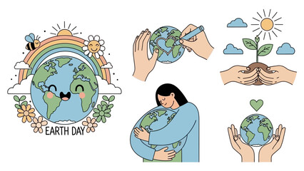 Fototapeta premium A collection of illustrations celebrating Earth Day, featuring a smiling planet Earth with a rainbow and bee, hands planting a seedling, and a person hugging the Earth.