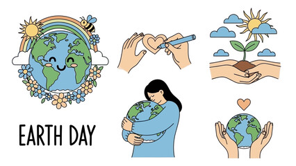 Fototapeta premium A collection of illustrations celebrating Earth Day, featuring a smiling planet Earth surrounded by flowers and a rainbow, hands planting a seedling, and a person embracing the Earth.