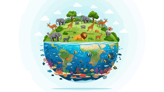 A vibrant illustration depicting the diverse ecosystems of Earth, showcasing terrestrial animals on land and marine life underwater.