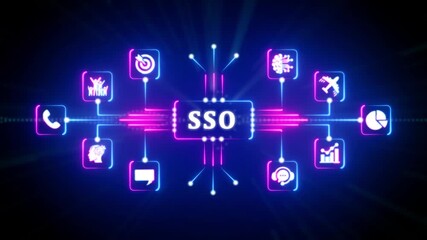 Digital network diagram with SO in the center and various icons connected by neon lines single sign on - Powered by Adobe