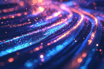 Vibrant abstract digital light trails, blue and orange. Futuristic data flow, technology, network connections.